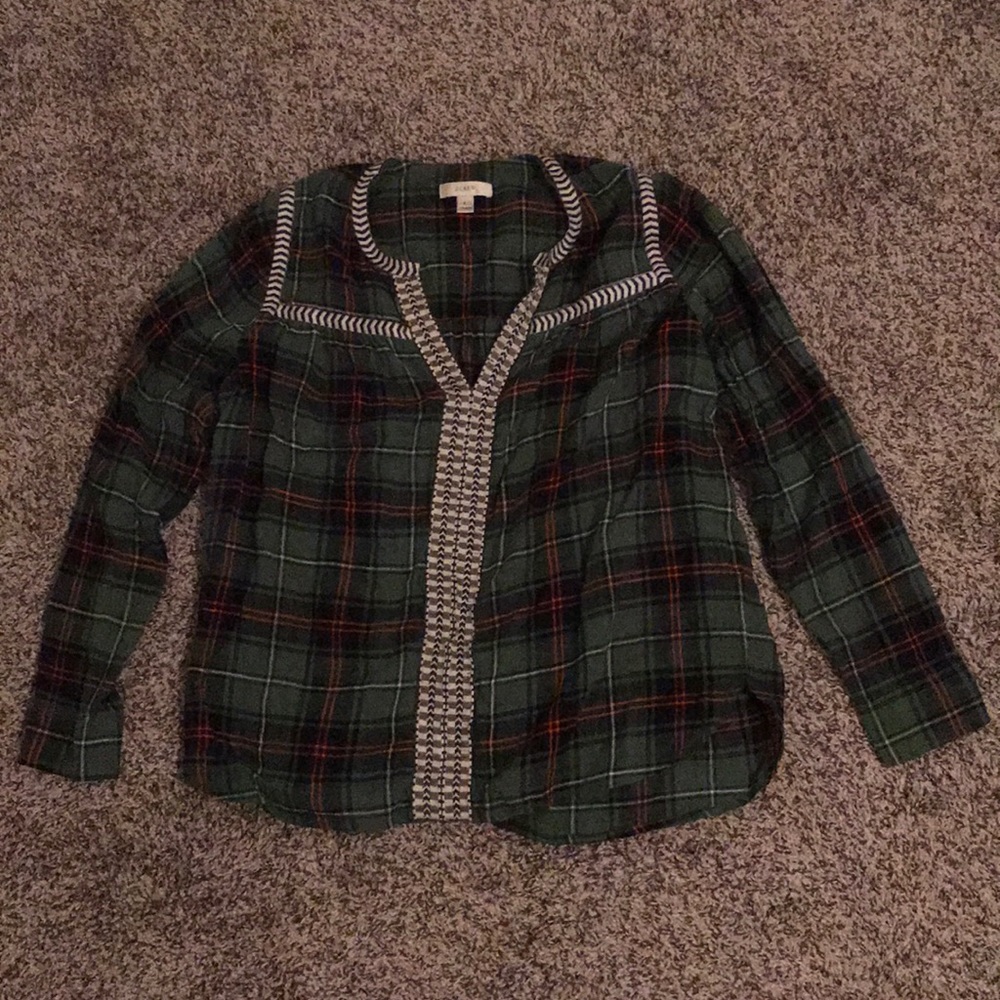 J Crew Size 2 Green Plaid Peasant Top